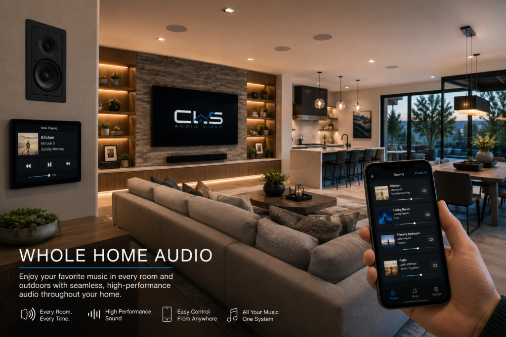 Whole home audio installation featuring in-ceiling speakers, multi-room music system, wireless audio control, and smart home audio automation by CLS Audio Video.