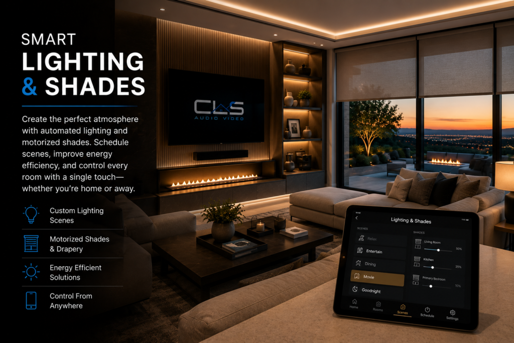 Smart lighting and motorized shades installation featuring automated lighting scenes, Lutron smart lighting controls, motorized window shades, and whole-home lighting automation by CLS Audio Video.