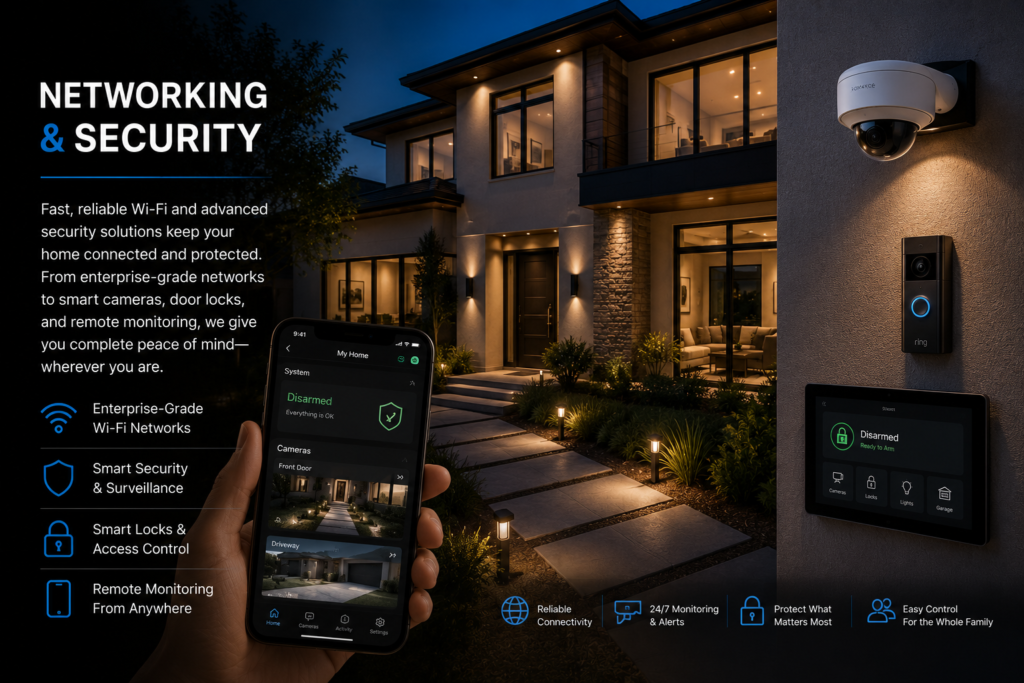 Custom home networking and security system featuring enterprise-grade Wi-Fi, smart surveillance cameras, Ring video doorbell, remote monitoring, access control, and whole-home security installation by CLS Audio Video.