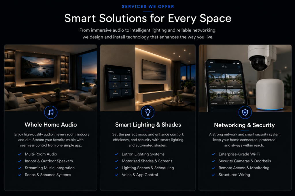 CLS Audio Video smart home services including whole-home audio, smart lighting and motorized shades, networking, Wi-Fi, security cameras, and home automation installation in Murrieta and Temecula, California.