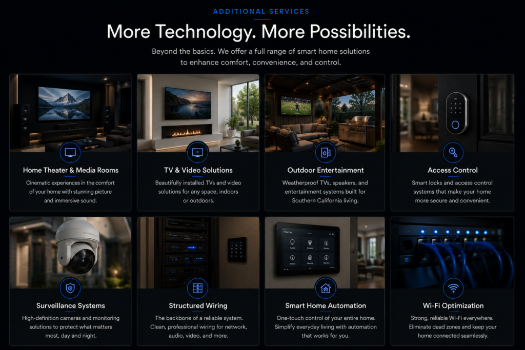 Additional smart home services including home theater installation, TV mounting, outdoor entertainment, access control, surveillance cameras, structured wiring, home automation, and Wi-Fi optimization by CLS Audio Video.