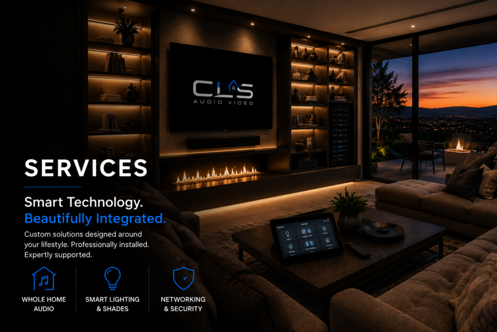 Modern smart home featuring whole-home audio, smart lighting, motorized shades, networking, and security solutions installed by CLS Audio Video in Southern California.