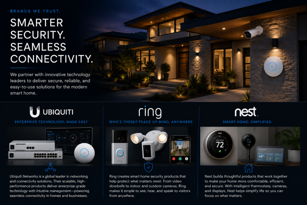 Modern smart home featuring Ubiquiti networking, Ring security cameras, and Google Nest smart home devices installed by CLS Audio Video in Murrieta, California.