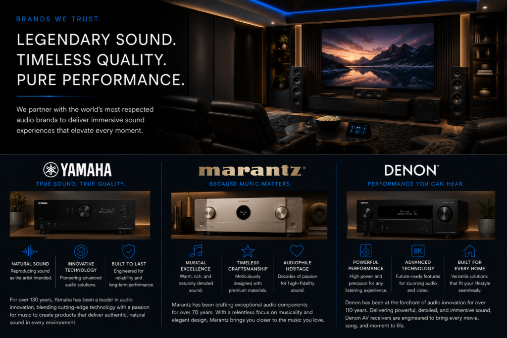 Premium home theater featuring Yamaha, Marantz, and Denon audio components integrated into a custom surround sound system designed by CLS Audio Video in Murrieta, California.