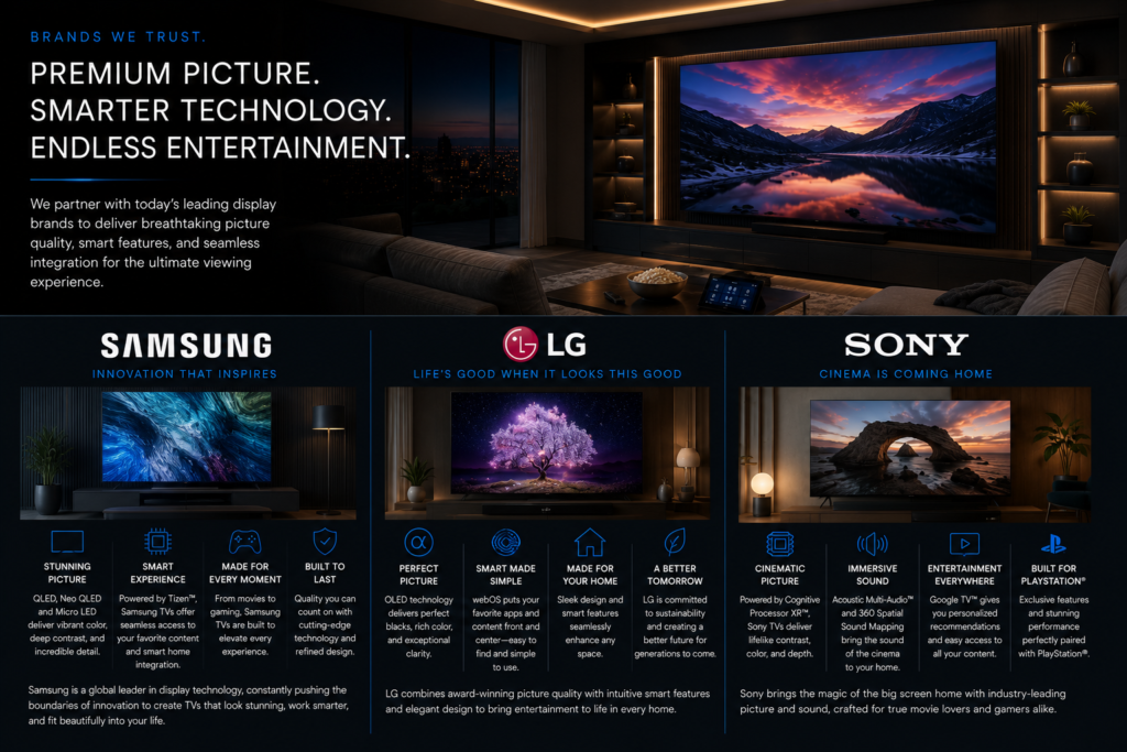 Luxury home theater featuring Samsung, LG, and Sony premium televisions integrated into a custom smart home entertainment system by CLS Audio Video in Murrieta, California.