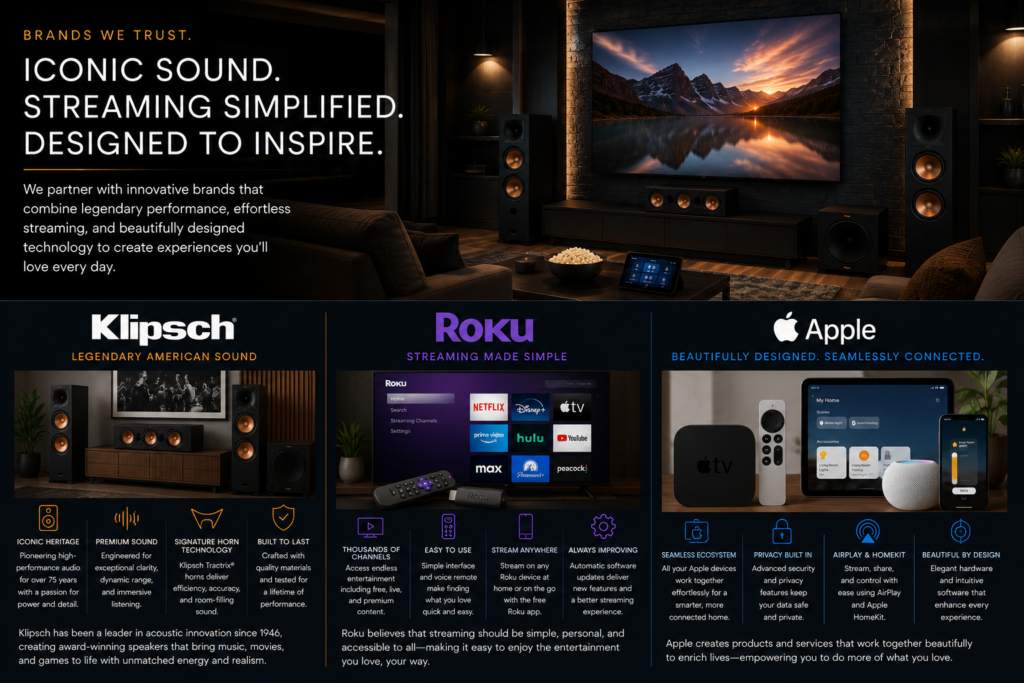 Premium home theater featuring Klipsch speakers, Roku streaming, and Apple Home integration with smart home entertainment solutions offered by CLS Audio Video in Murrieta, California.