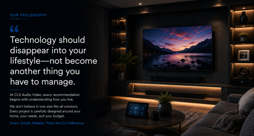 Modern smart home living room with custom home theater, integrated whole-home audio, and smart home automation illustrating the CLS Audio Video philosophy of simple, reliable technology.
