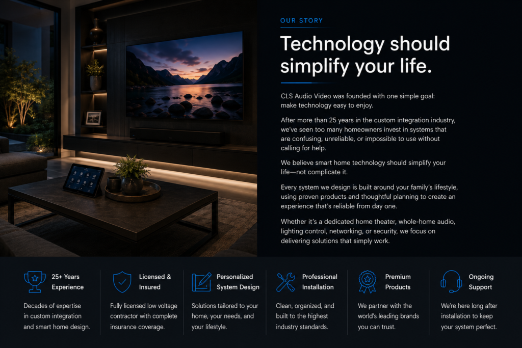 Modern smart home living room featuring a custom home theater, integrated home audio, and smart home automation with information about CLS Audio Video's experience and design philosophy.