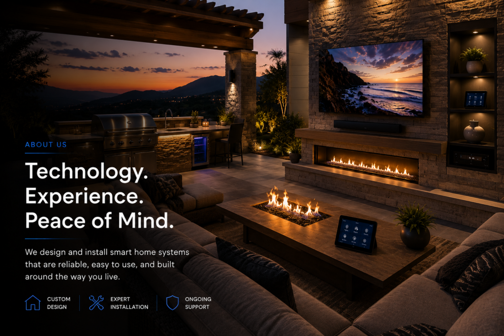 Luxury outdoor living space featuring outdoor television, integrated audio, landscape lighting, and smart home automation designed by CLS Audio Video in Murrieta, California.