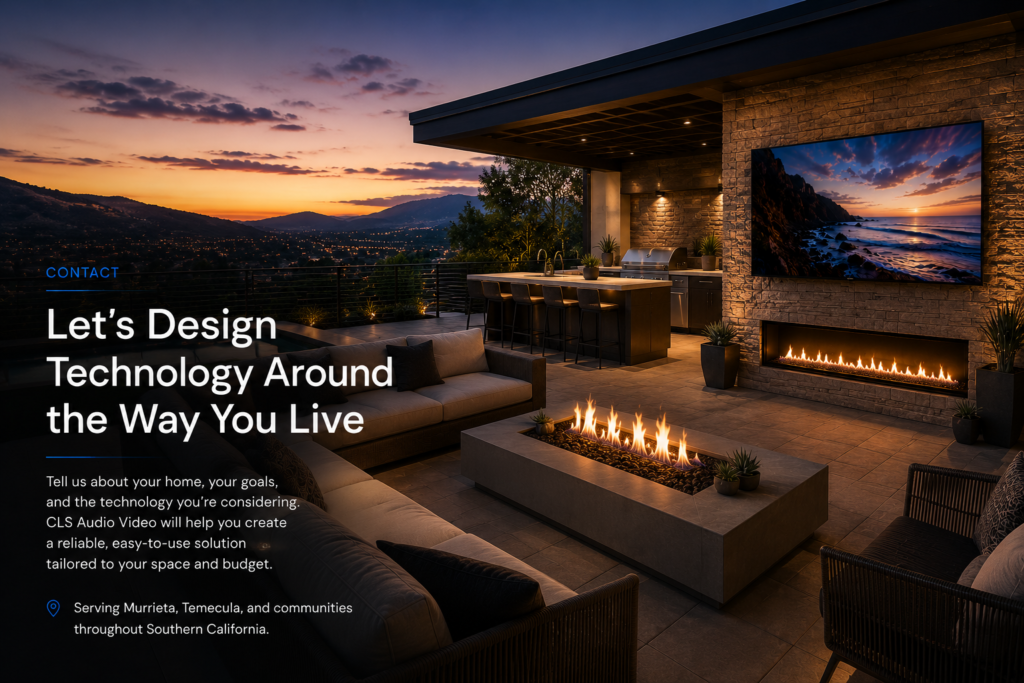 Luxury outdoor living space with outdoor TV, integrated audio system, and smart home entertainment designed by CLS Audio Video in Murrieta, California.